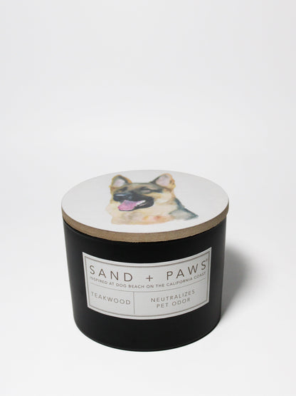 Cozy Sand + Paws Teakwood 12 oz scented candle